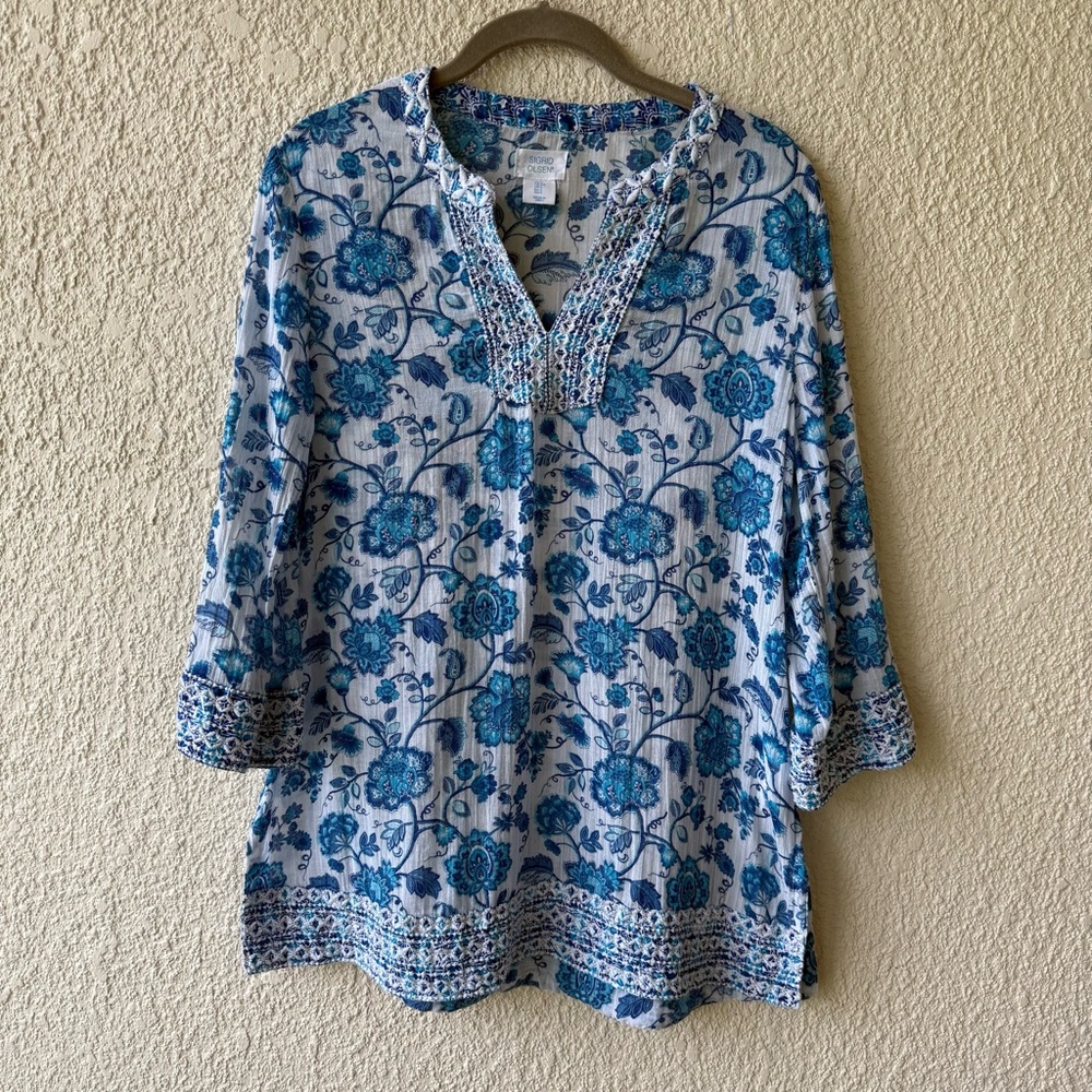 Sigrid Olsen Blue Floral embroidered Tunic Top Crinkle Cotton Boho Sz Small